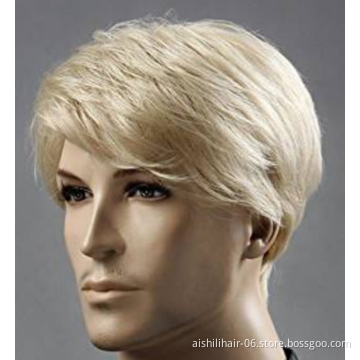 Wholesale Top Quality synthetic wigs natural straight wave hair short light gold wig for men